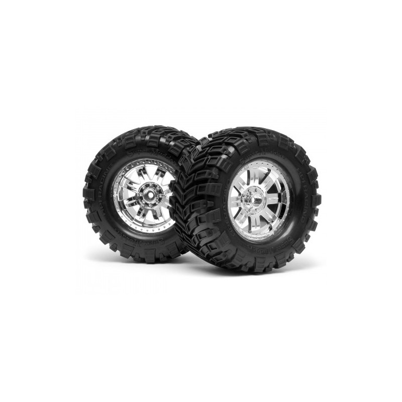 HPI RACING MOUNTED SUPER MUDDERS TIRE 165x88mm on RINGZ WHEEL SHINY CHROME