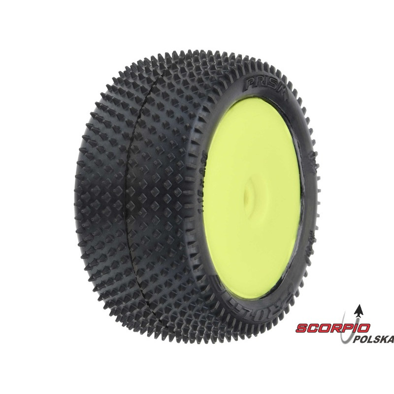 PRO-LINE kolo 1:18, opona Prism Carpet tylna, felga H8 żółta (2) (Losi Mini-B)